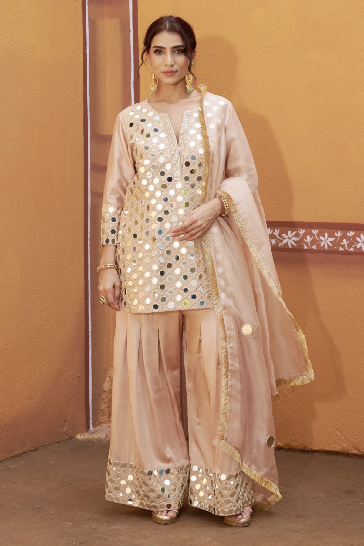 Fully hand embroidered short cris cross kurta with pleated pants