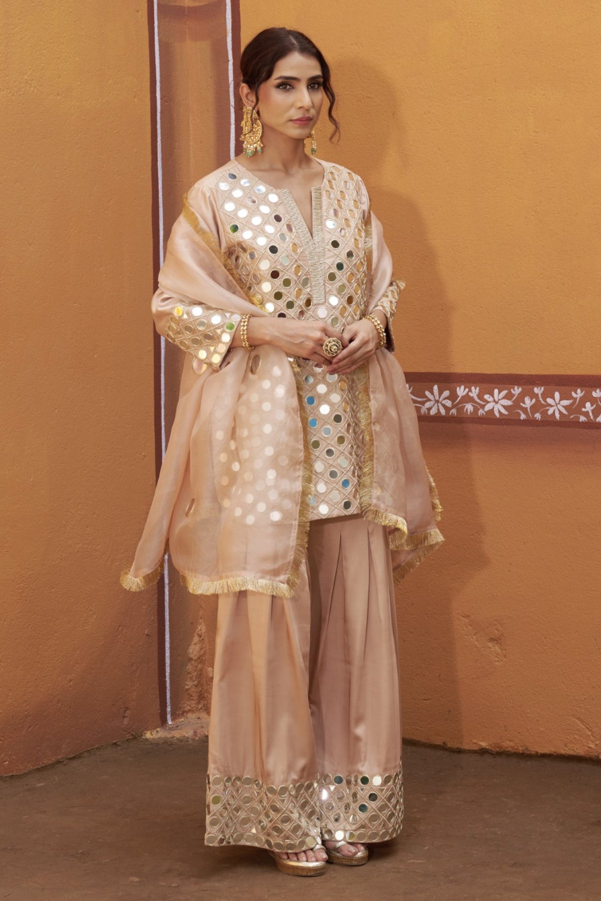 Fully hand embroidered short cris cross kurta with pleated pants