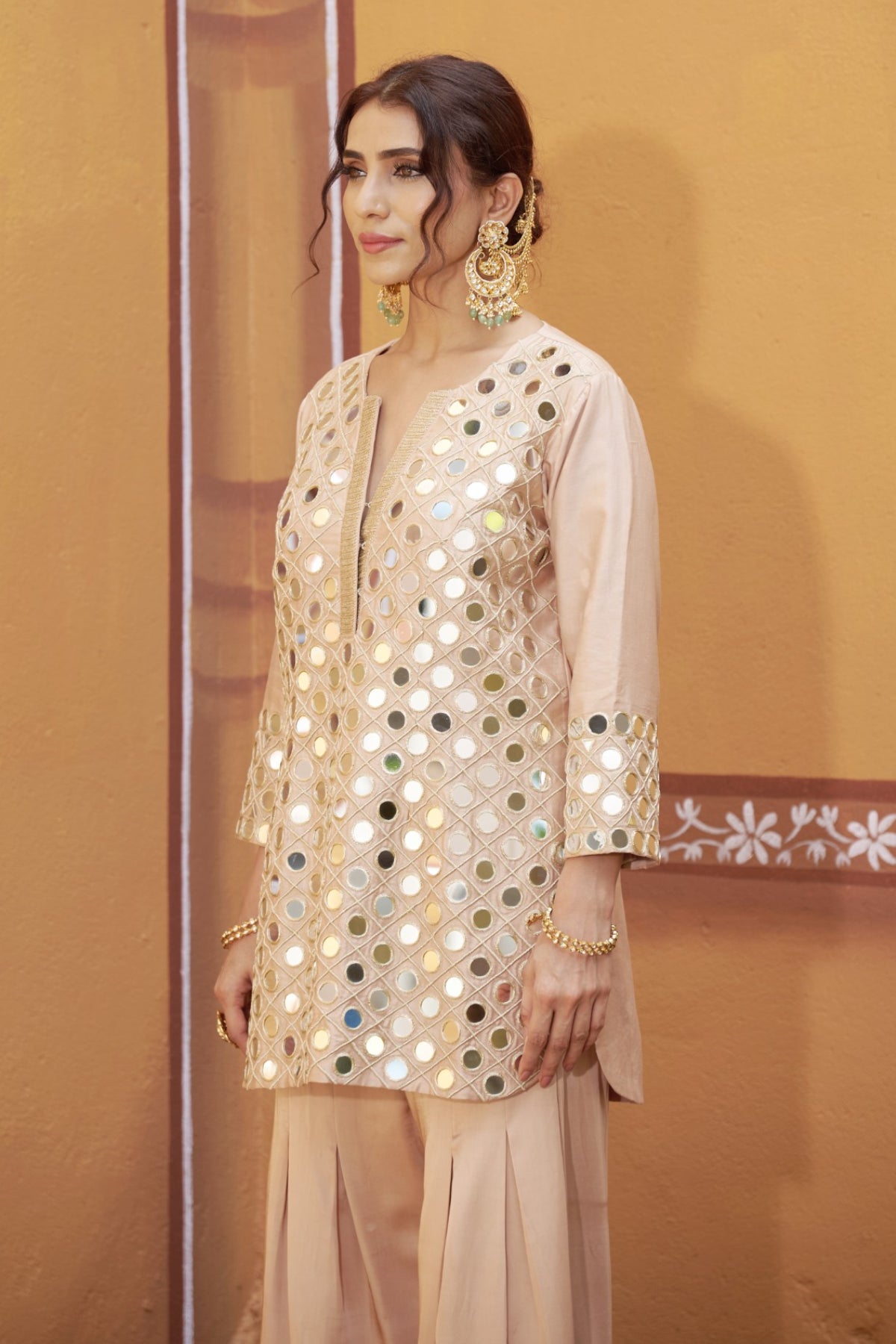 Fully hand embroidered short cris cross kurta with pleated pants