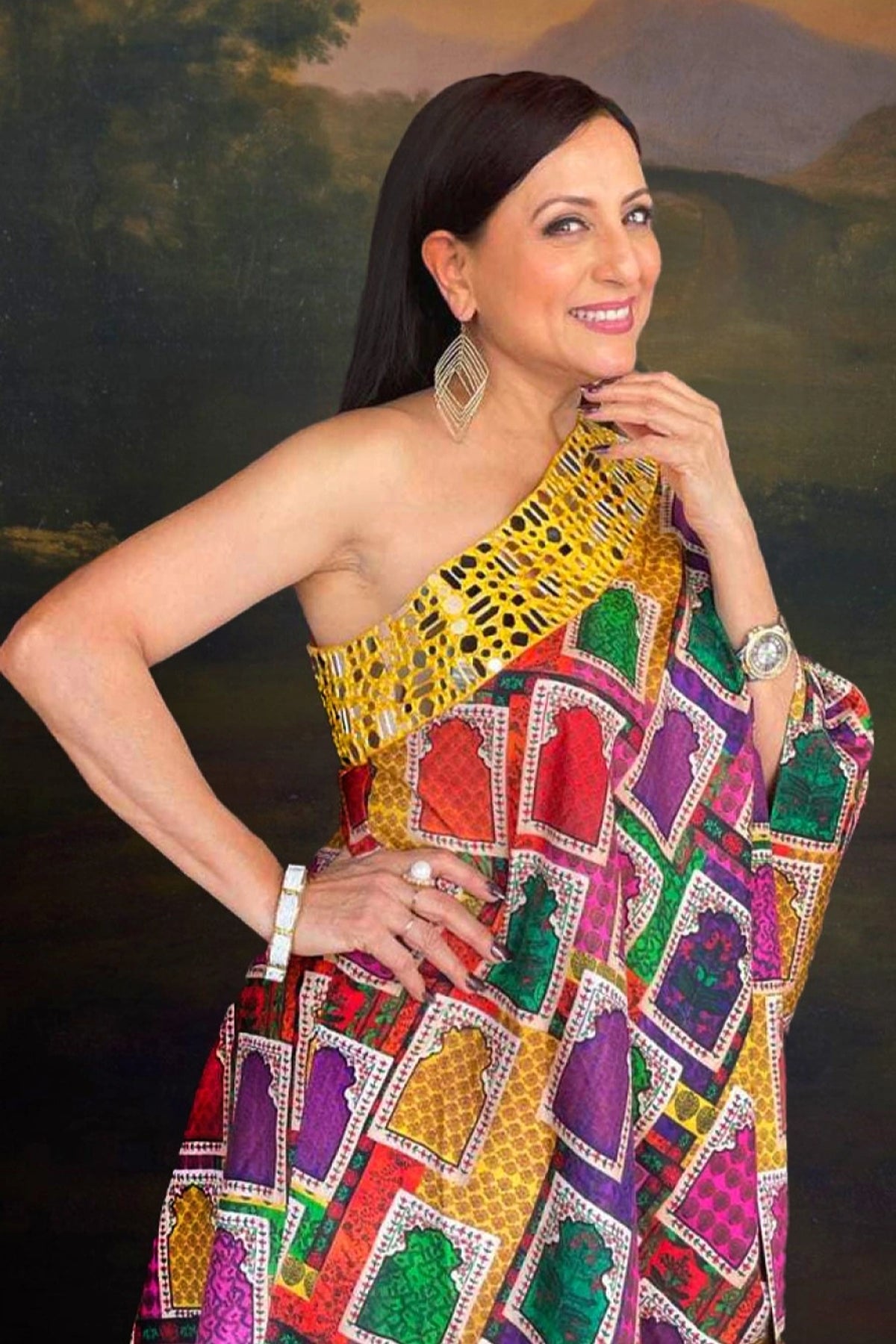 Kishori Shahane in the Hand-Embroidered Yellow Off-Shoulder Mirror Work Kurta with Sharara