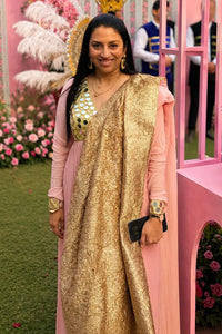Blush Pink Hand-Embroidered Mirror Work Anarkali Set With Twin Dupatta