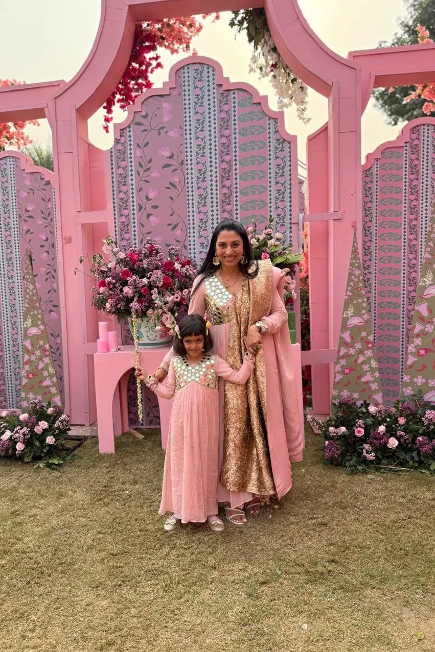 Blush Pink Hand-Embroidered Mirror Work Anarkali Set With Twin Dupatta