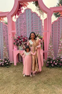 Blush Pink Hand-Embroidered Mirror Work Anarkali Set With Twin Dupatta