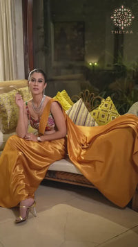 Celebrity Navneet Randhawa in our Liquid Gold Hand-Embroidered Pre-Draped Saree