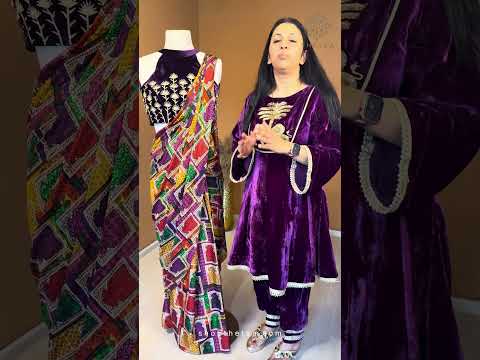 Surasa Hand-Embroidered Halter Neck Velvet Blouse With Pure Silk Jharokha Pre-Draped Saree