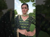 Bottle Green Tanchoi Silk Anarkali Set With Palazzo & Dupatta