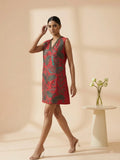 Viva - Red Hand-Embroidered Botanical Chanderi Cotton Mini Dress