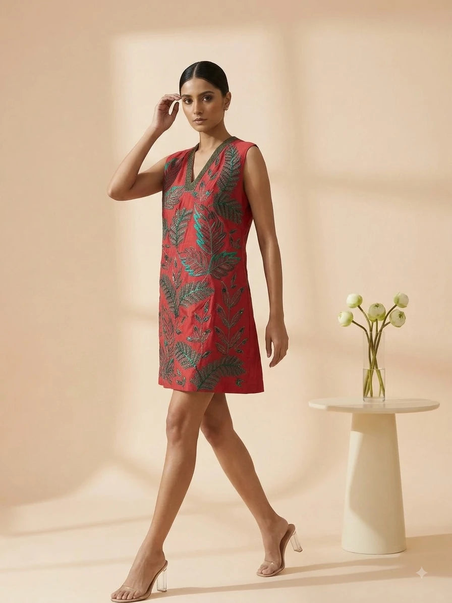 Viva - Red Hand-Embroidered Botanical Chanderi Cotton Mini Dress