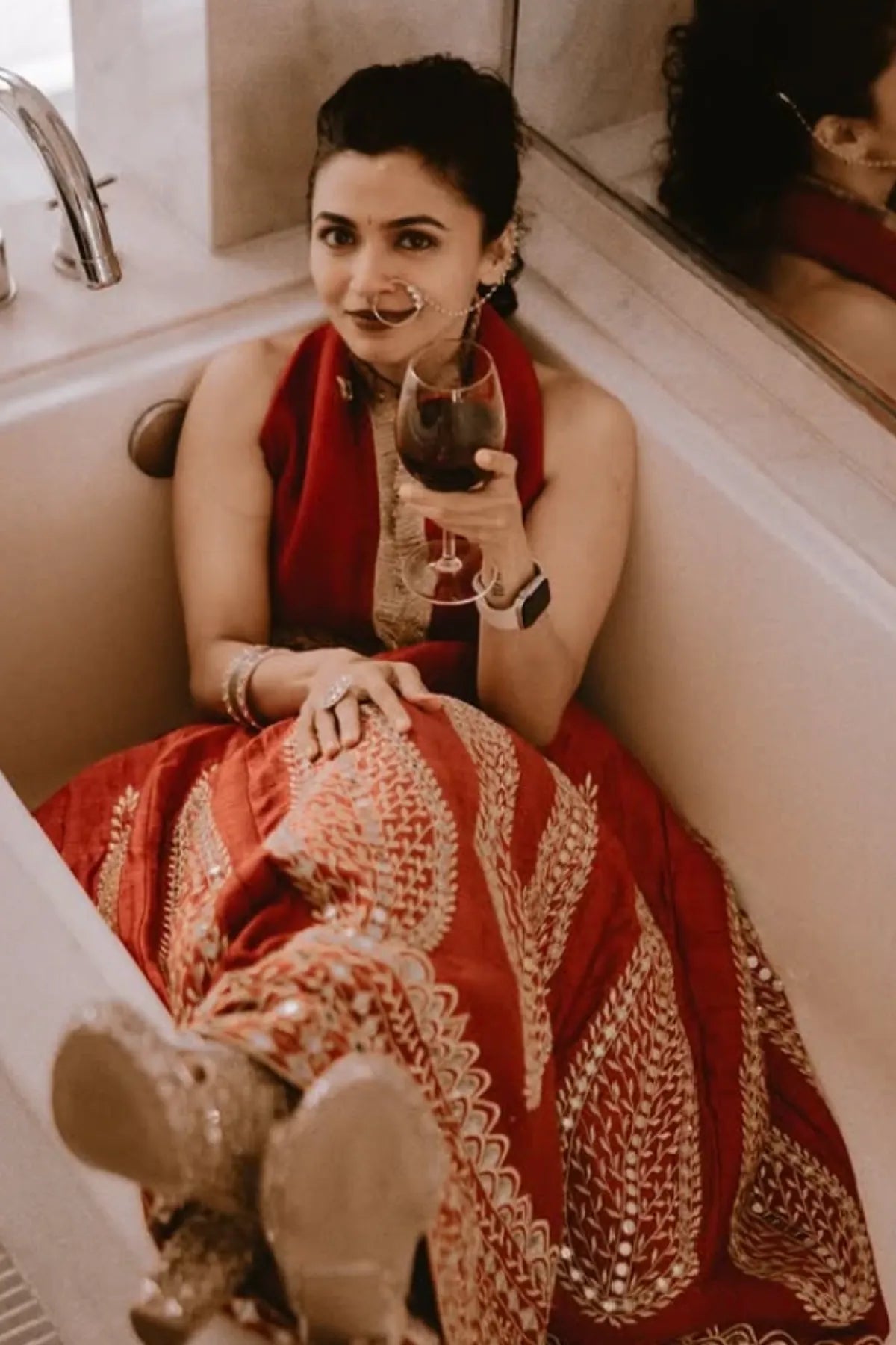 Maalavika Sundar in the Agni - Red Mirror Work Embroidered Kalidar Lehenga Set