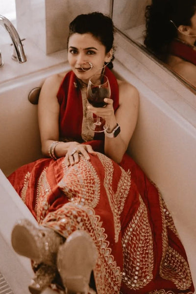 Maalavika Sundar in the Agni - Red Mirror Work Embroidered Kalidar Lehenga Set