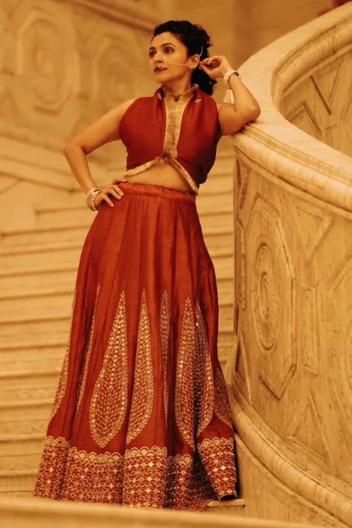 Maalavika Sundar in the Agni - Red Mirror Work Embroidered Kalidar Lehenga Set