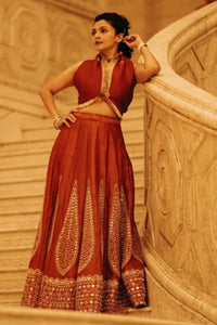 Maalavika Sundar in the Agni - Red Mirror Work Embroidered Kalidar Lehenga Set