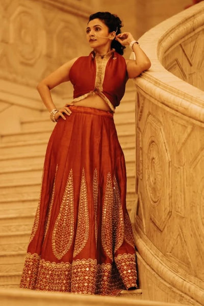 Maalavika Sundar in the Agni - Red Mirror Work Embroidered Kalidar Lehenga Set
