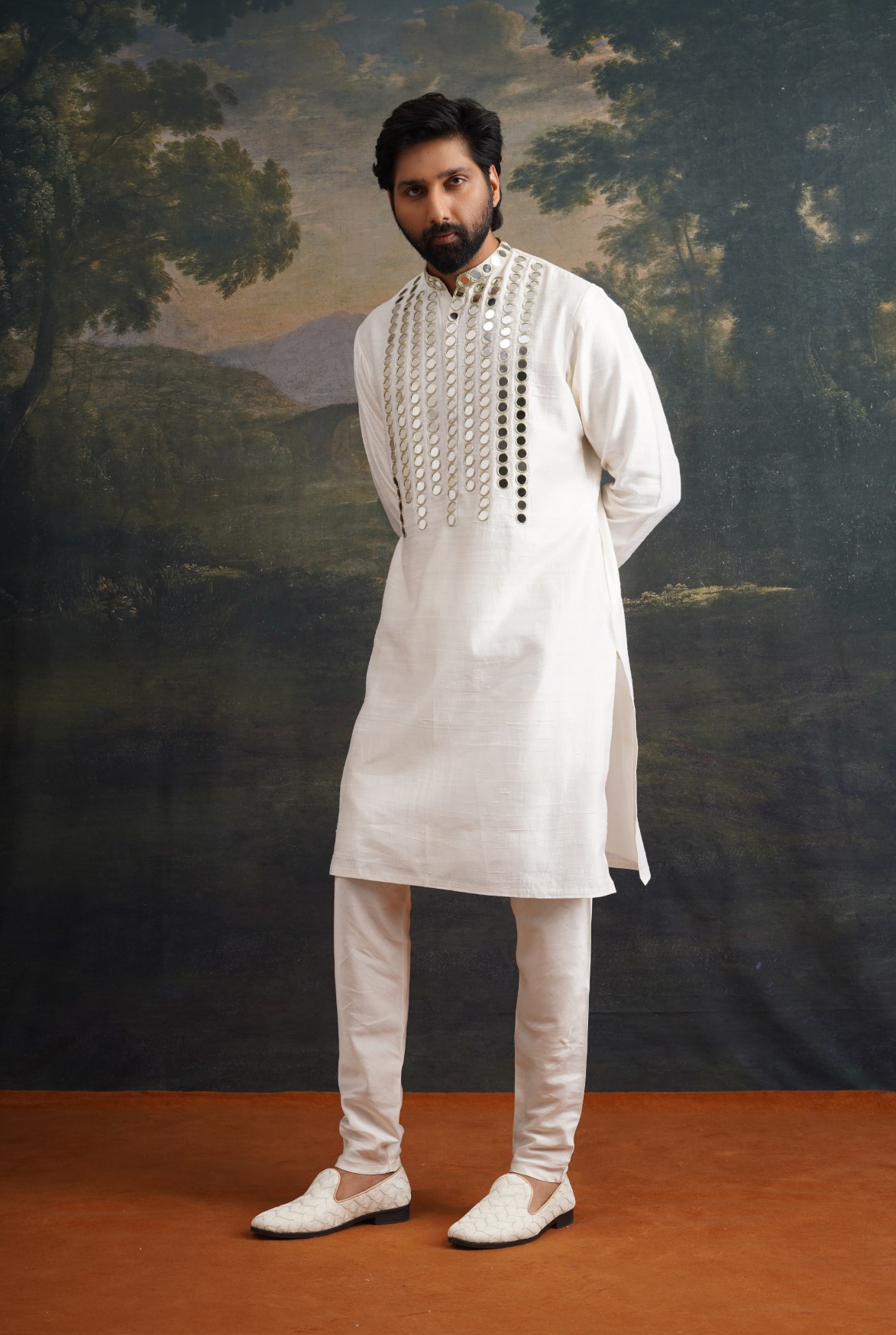 Hand embroidered ivory Mirror Work Kurta with Matching pant - Image 5
