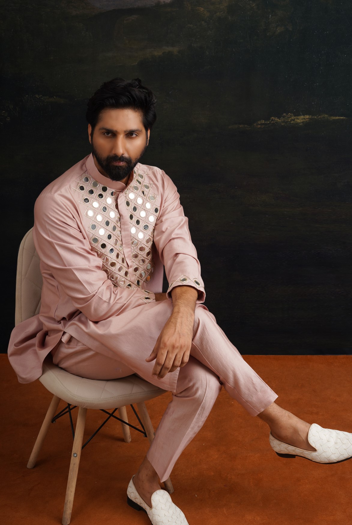 Burnt pink hand embroidered Mirror Work Kurta with Matching Pyjama - Image 3