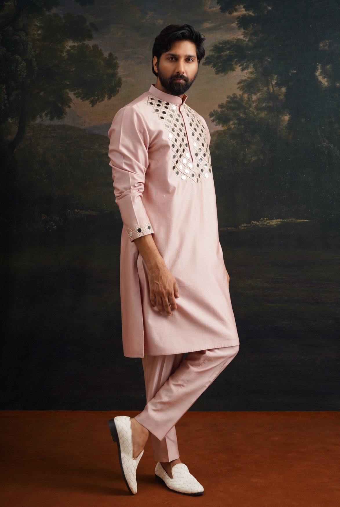 Burnt pink hand embroidered Mirror Work Kurta with Matching Pyjama - Image 5