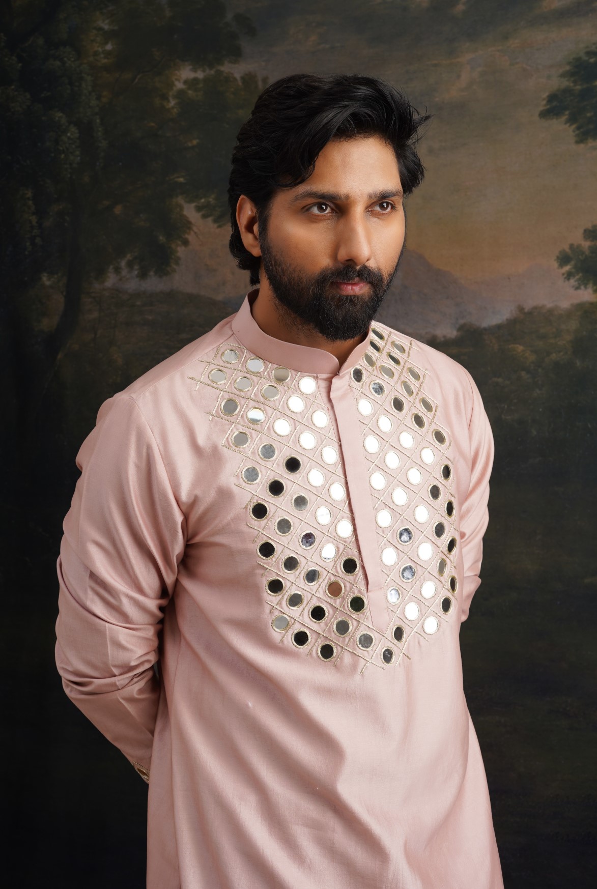 Burnt pink hand embroidered Mirror Work Kurta with Matching Pyjama - Image 6