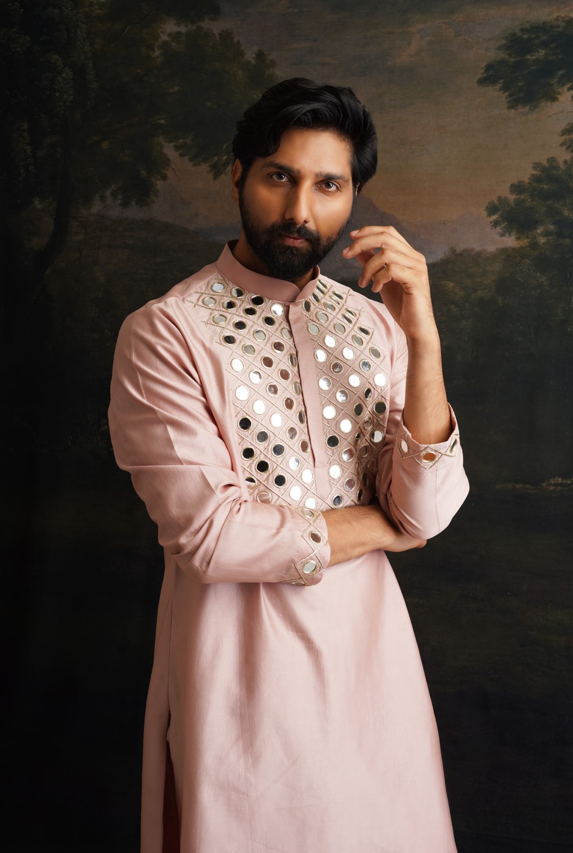 Burnt pink hand embroidered Mirror Work Kurta with Matching Pyjama