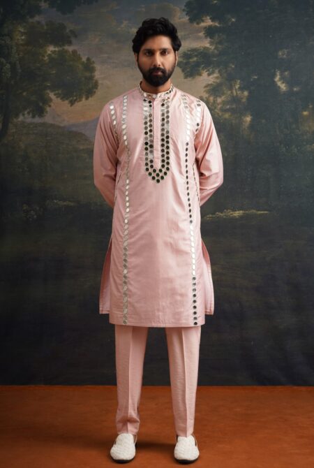 Burnt pink hand embroidered Mirror Work Kurta with Matching Pyjama