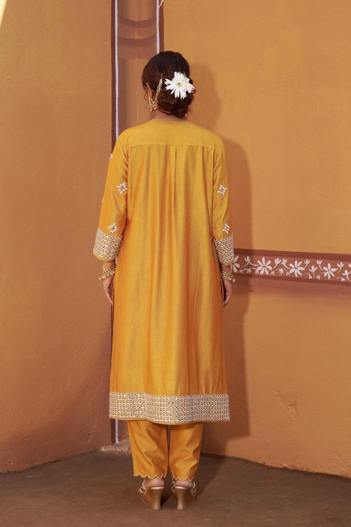 Golden yellow hand embroidered mirror work kurta set - Image 8
