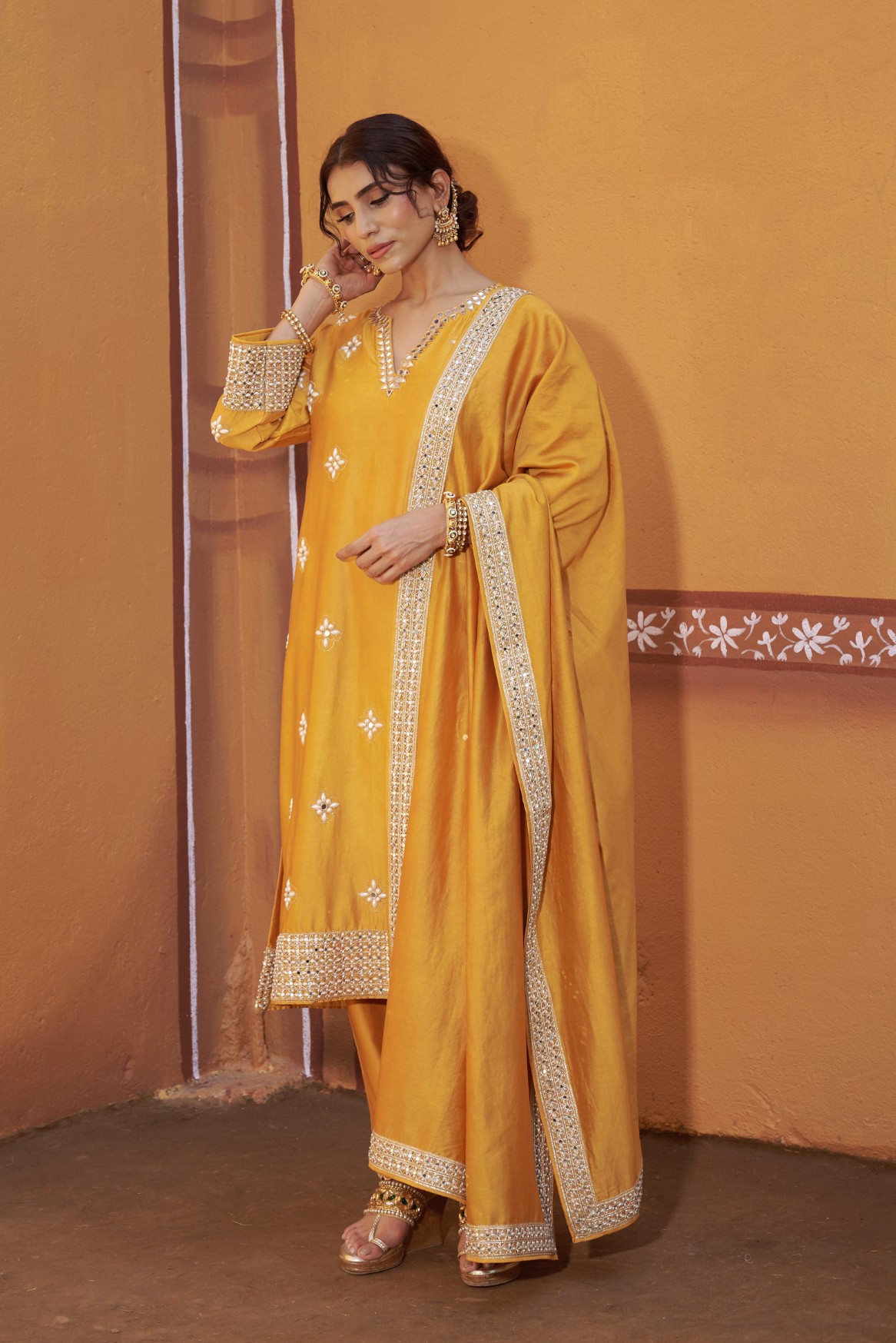 Golden yellow hand embroidered mirror work kurta set - Image 5