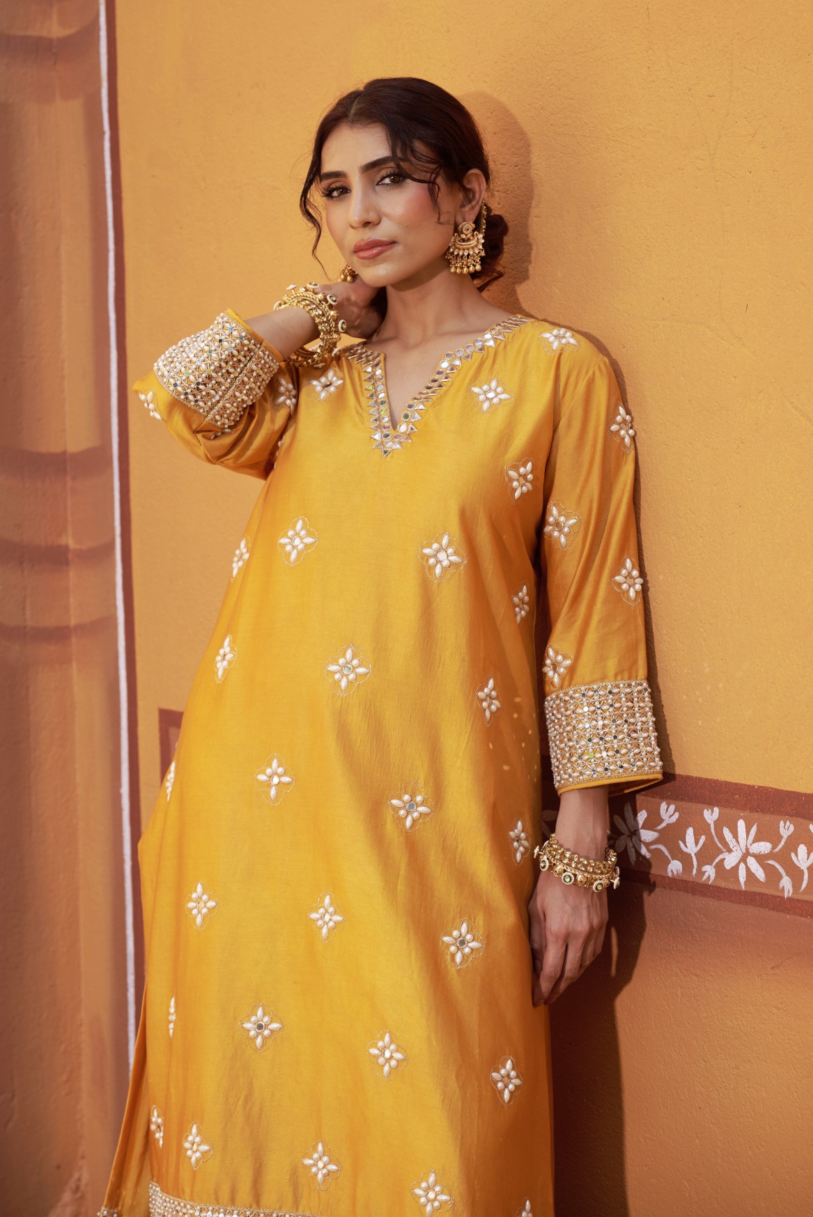 Golden yellow hand embroidered mirror work kurta set - Image 2
