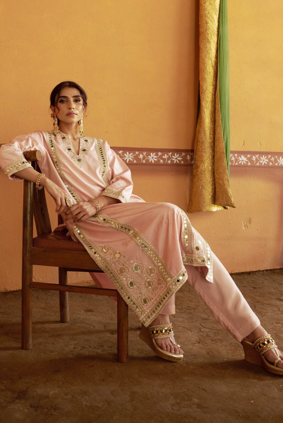 Mirror work jari princess line kurta set