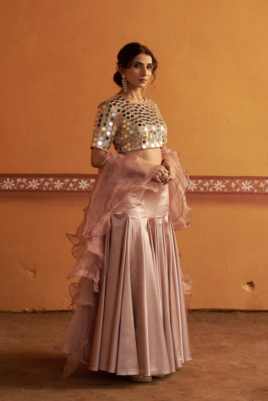 Hand-Embroidered Mirror Work Blouse with Blush Pink Kalidar Lehenga & Ruffle Dupatta - Image 6