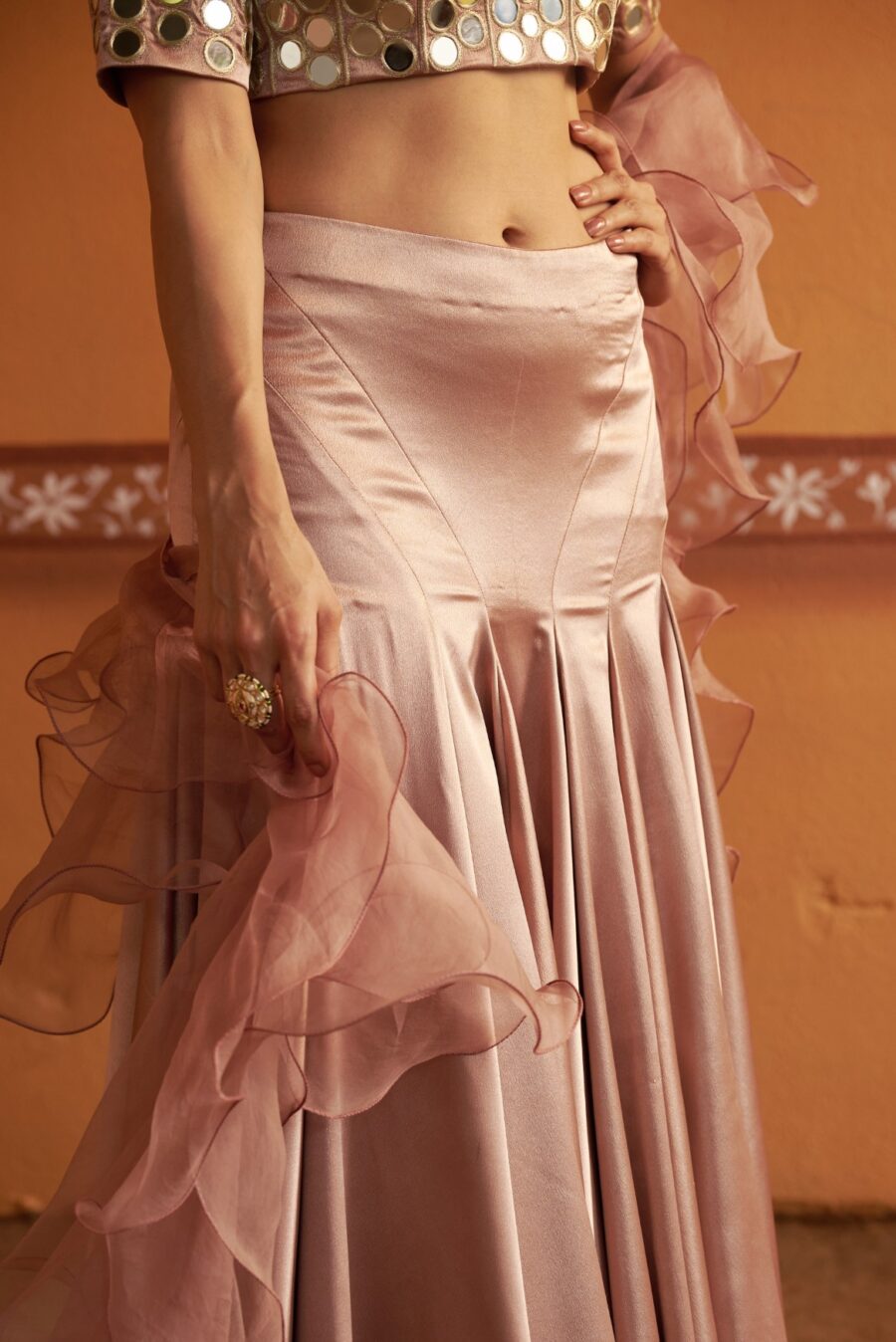 Hand-Embroidered Mirror Work Blouse with Blush Pink Kalidar Lehenga & Ruffle Dupatta - Image 5