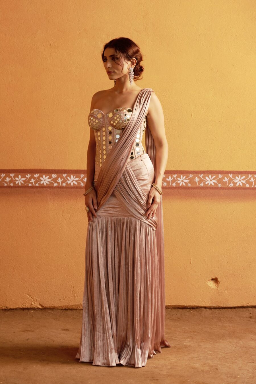 Hand embroidered corset with pleated pre draped saree - Image 8