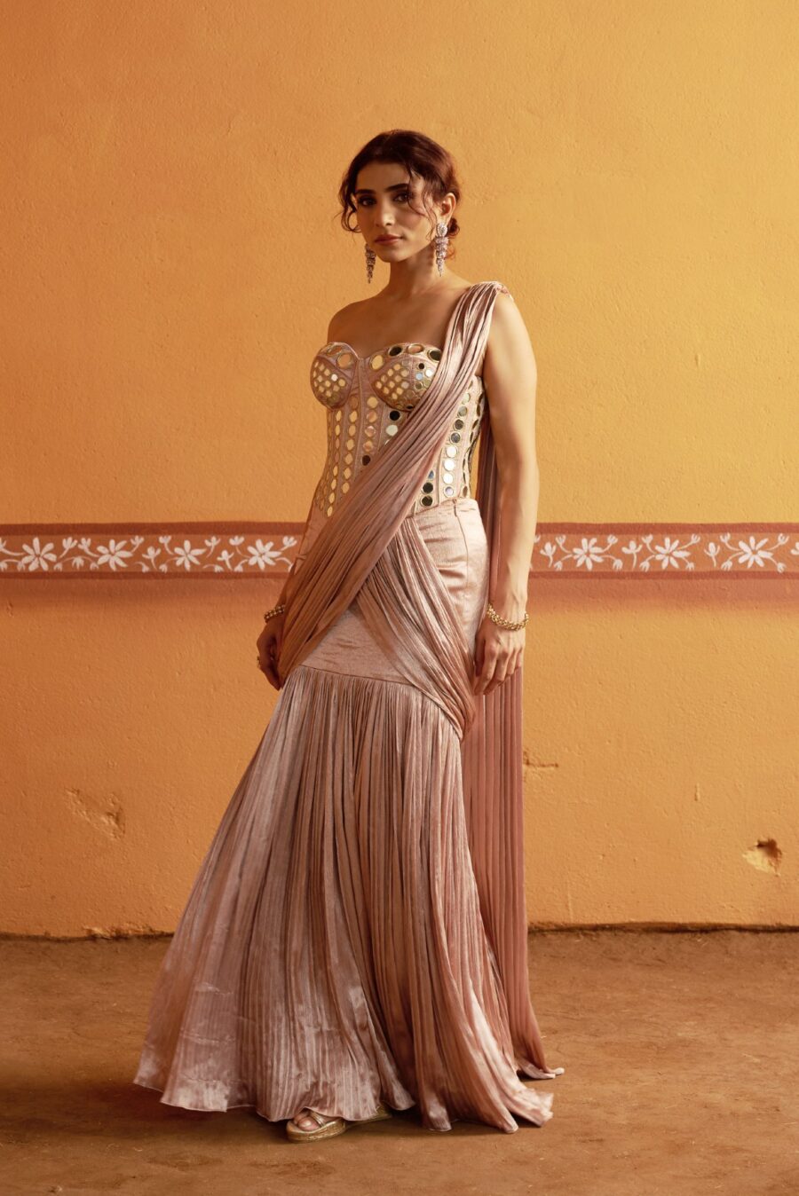 Hand embroidered corset with pleated pre draped saree - Image 7
