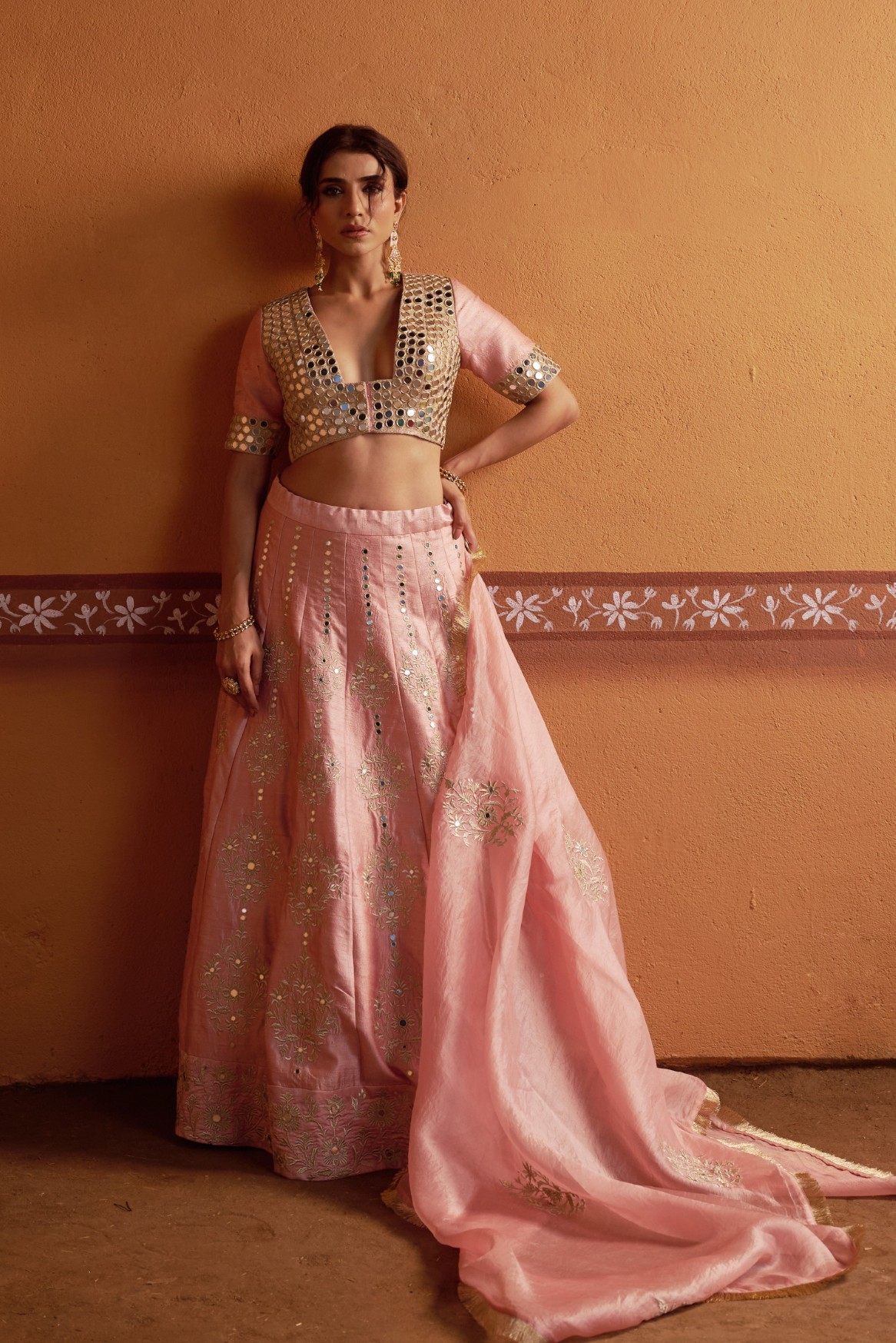 Kalidar blush pink hand embroidered lehenga with blouse and dupatta - Image 3