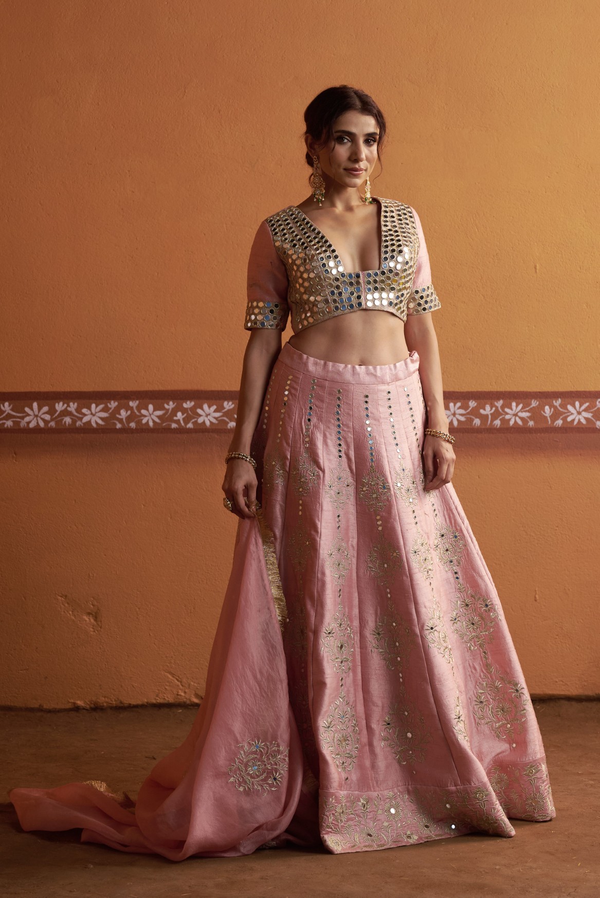 Kalidar blush pink hand embroidered lehenga with blouse and dupatta - Image 7