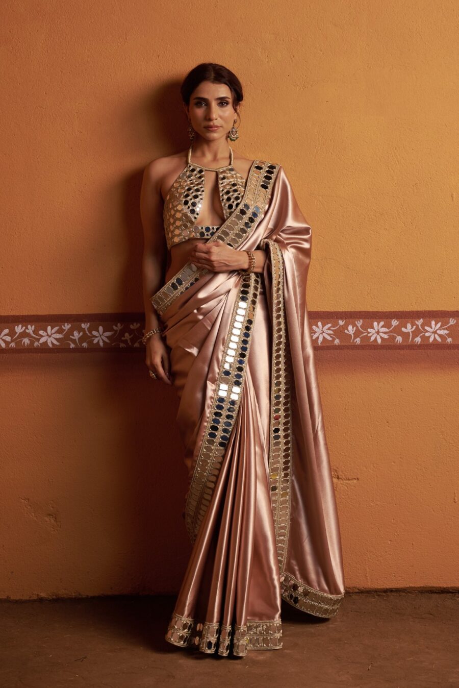 Clay tone fully hand embroidered blouse with mirror work border saree - Image 9