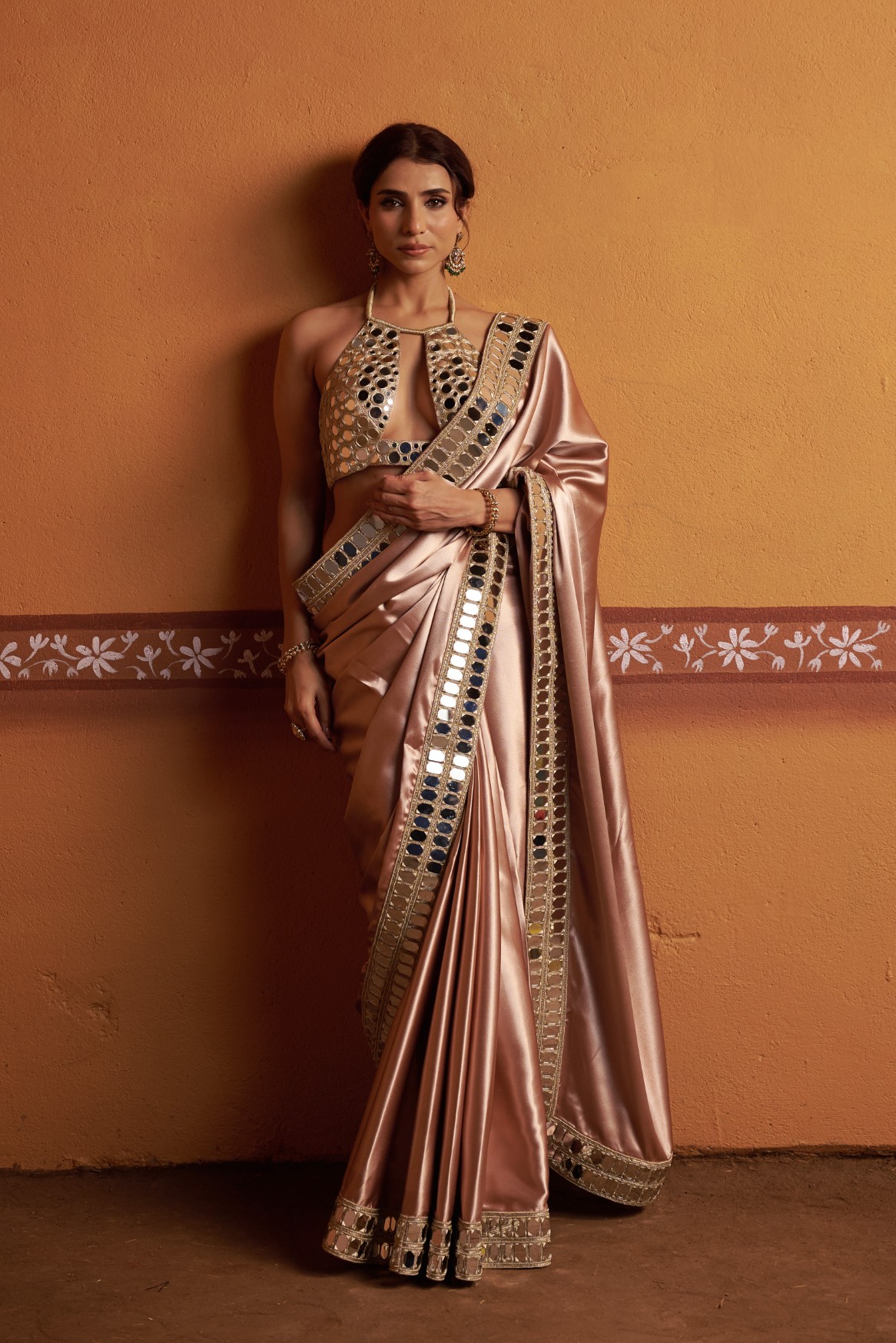 Clay tone fully hand embroidered blouse with mirror work border saree - Image 9