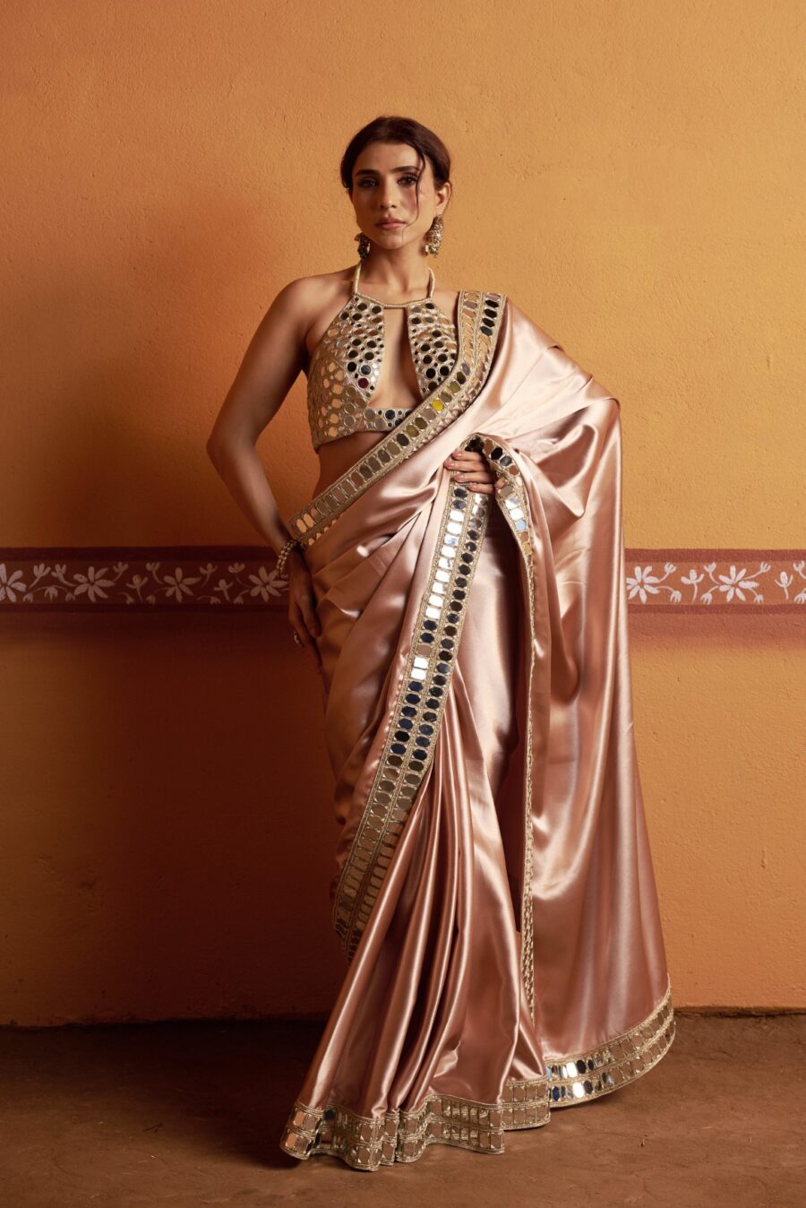 Clay tone fully hand embroidered blouse with mirror work border saree