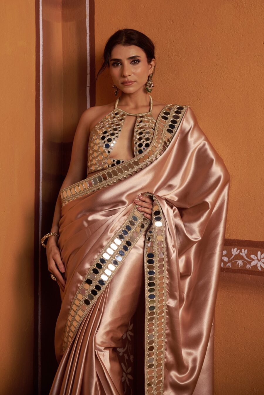 Clay tone fully hand embroidered blouse with mirror work border saree - Image 6
