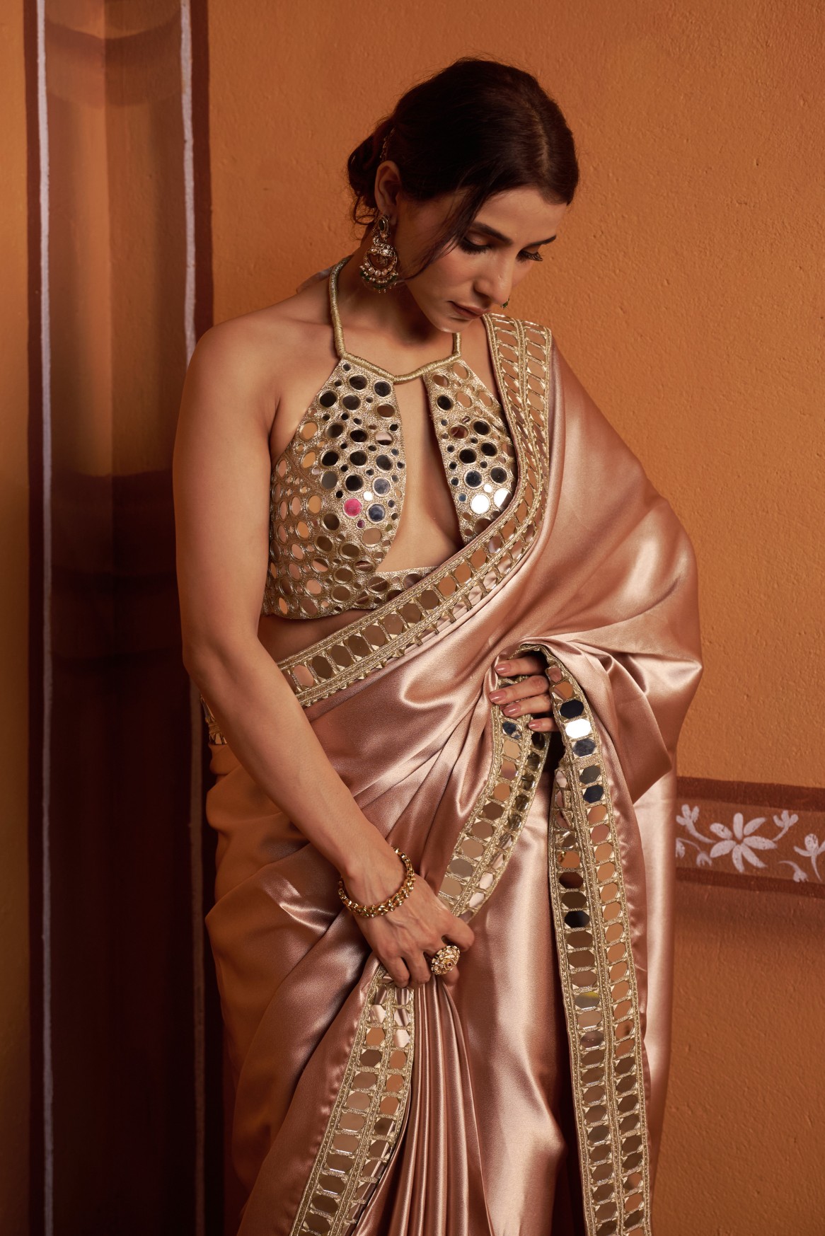 Clay tone fully hand embroidered blouse with mirror work border saree - Image 5