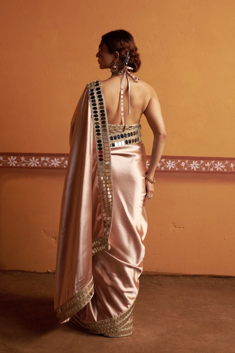 Clay tone fully hand embroidered blouse with mirror work border saree - Image 3