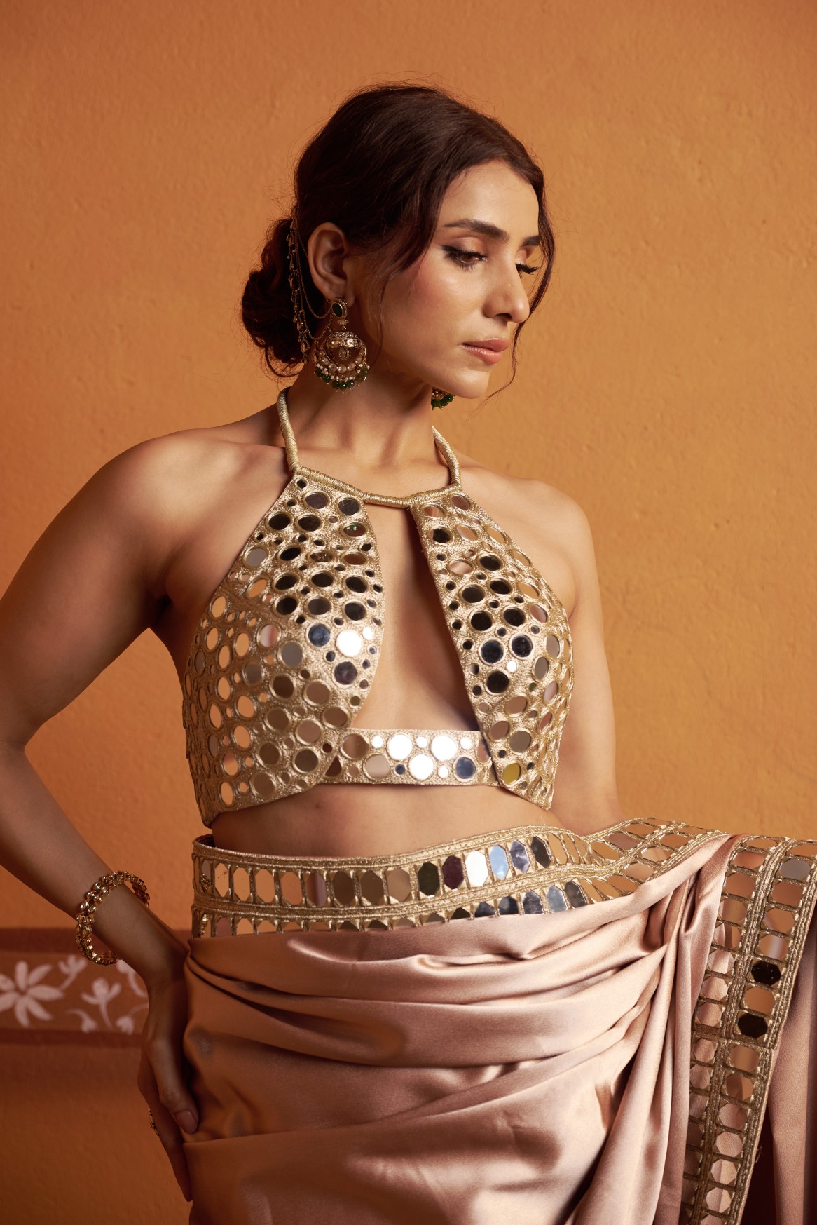 Clay tone fully hand embroidered blouse with mirror work border saree - Image 2