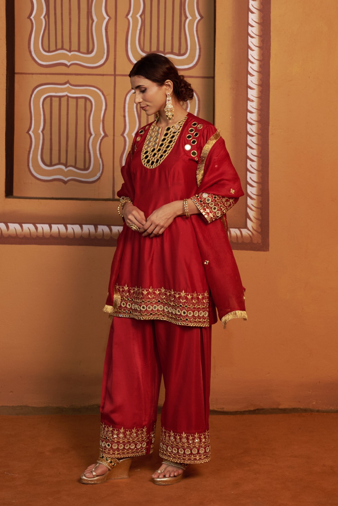 Mirror work hand embroidery red kurta set